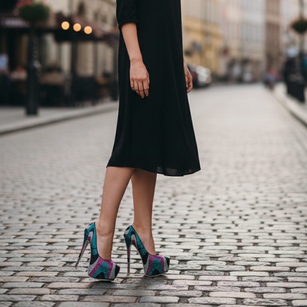 Alba  Black Multi Color Black Purple Teal Rhinestone Sexy Platform Pumps, Size 7
